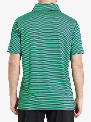Rear half-body view showcasing back design and stripe alignment of Cooling Stripe Golf Shirt – GREEN STRIPE