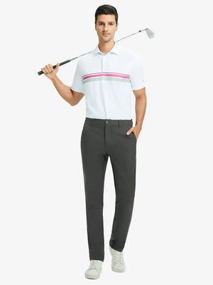 Full front view of model in Water Repellent 8 Pockets Pants DARK GREY，ready for golf with club in hand.