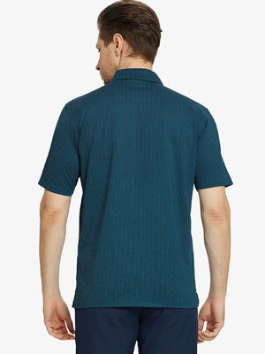 Back half-body view of model wearing TURQUOISE Elegant Performance Jacquard Polo