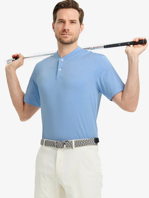 Front half-body view holding a golf club in Everyday Collarless Jersey Shirt in LIGHT BLUE.
