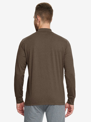 Back angle of Men’s Mock Turtleneck Shirt in Brown, model turns head slightly with ease.