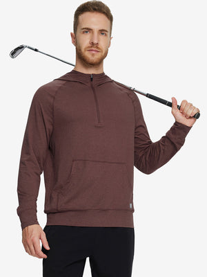 Male model holding a golf club, wearing the Quarter Zip Hoodie with Kangaroo Pocket in Brick Heather.