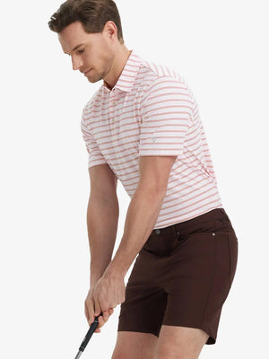Model wearing Pink Red Stripe Performance Stripe Golf Shirt – front half-body pose