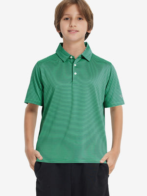 Front upper view of Kids stripe golf polos showing crisp stripes in green stripe