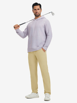 Model holding a golf club on shoulder, wearing khaki water-resistant golf stretch nylon pants.