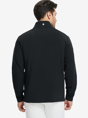 Back view of lightweight casual fleece jacket with 5 pockets, model in black, relaxed fit