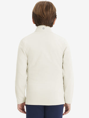Model in kids soft lightweight fleece lined jacket in beige, showing back half-body view.