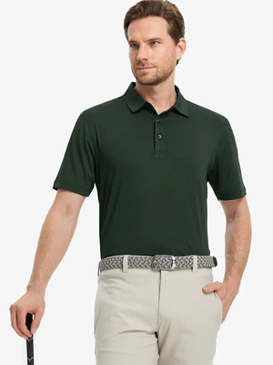 Model wearing Everyday Solid Jersey Polo in OLIVE GREEN, front half-body holding golf club.