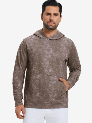 Model in grey brown exclusive print kangaroo hoodies with hands in pocket, relaxed front upper view.