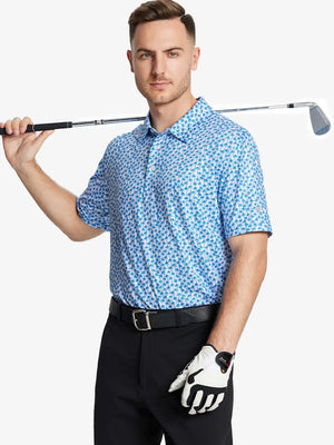 The model shows the front half-length image of the WHITE PALM golf polo shirt, paired with a golf club, showing a sporty and elegant temperament