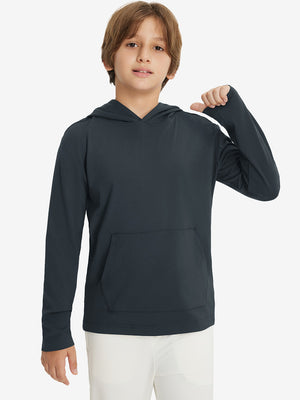 Front upper body view of youth long sleeve hoodied with kangaroo pocket in dark grey, casual fit.