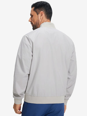 Back view of casual windproof bomber jacket on model, showcasing glacier grey detail and shape