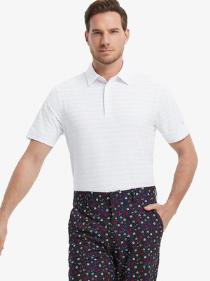 Model wearing Light Pink Aqua Blue Stripe Performance Stripe Golf Shirt – front half-body pose