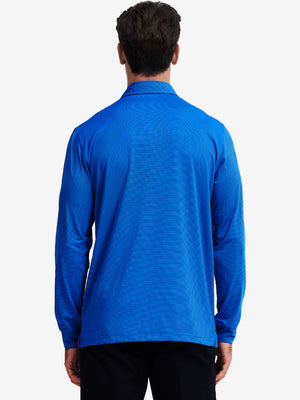 Back upper body of Long sleeve pinstripe jersey polo with subtle cobalt stripe lines
