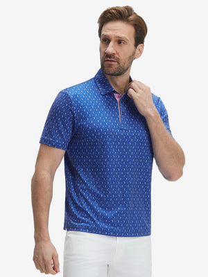 Front half-body shot of model wearing the blue golf swing 4 way stretch print collared polo shirt for a casual sporty look