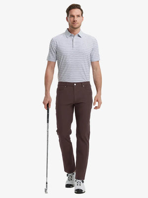 Full-body front shot with golf club, styled in Stretch Plain Everyday Pants – DARK BROWN