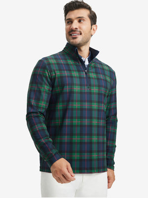 Front upper body of model wearing full print lightweight quarter zip pullover in dark plaid