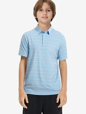 Front upper body of model wearing kids stylish stripe polo shirts, playful stripes with misty blue stripe detail