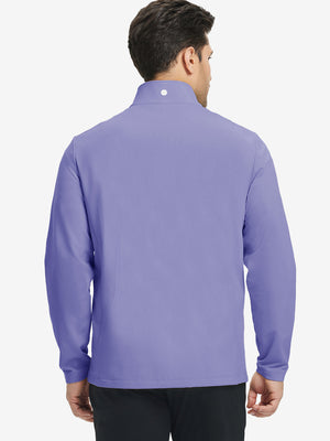 Back view of lightweight casual fleece jacket with 5 pockets, model in lavender, relaxed fit