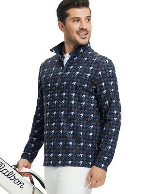 Model front upper body wearing Full print lightweight quarter zip pullover in sleek blue/black houndstooth