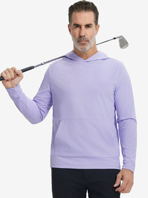 Model holding golf club, wearing dry fit stretchy sweatshirts hoodie in lavender, sporty and casual.