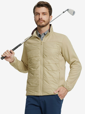 Model holding golf club, dressed in Golf Fleece Thermal Winter Jacket in Light Khaki, sporty design.