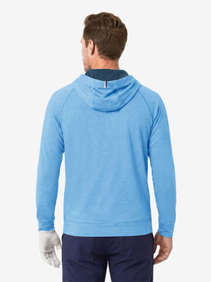 Model back upper body display shot, heather midlayer golf hoodies in blue heather