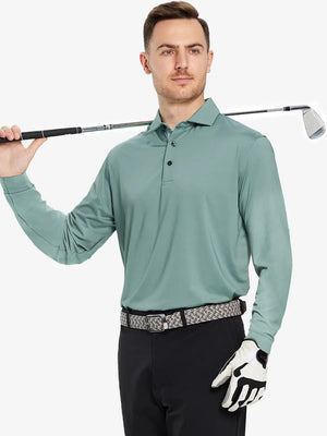 Model in BERYL GREEN Long Sleeve Solid Jersey Polo holding golf club with confident front pose
