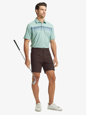 GLACIER GREY 4-way Stretch Performance Solid Shorts, golfer full-body front with club, 7 Inch length
