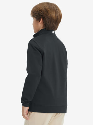 Back upper body of model wearing youth winter micro-fleece quarter zip pullover in black