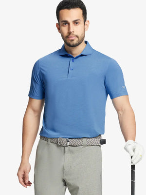 Model wearing Aqua Stripe Pinstripe Jersey Performance Polo – front half-body holding golf club
