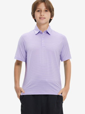 Front half-body shot of youth in lavender white stripe performance cooling polo, highlighting design and fit