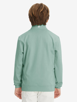 Back upper body of model wearing youth winter micro-fleece quarter zip pullover in dusty green