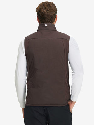 Back view of model wearing Lightweight Water Resistant Puffer Vest in coffee brown