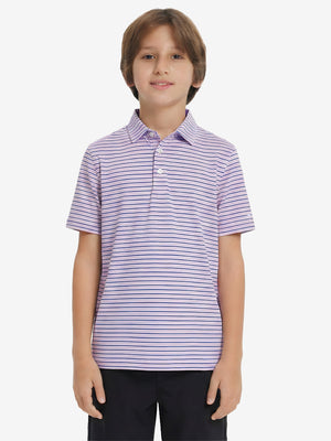 Front upper body of model wearing youth performance golf polos, clean fit and sporty light pink/cobalt  look