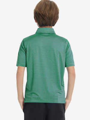 Back upper body of Kids stripe golf polos with clean lines and green stripe tone