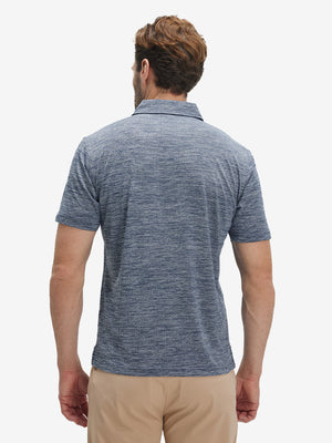 Back waist-up shot of model wearing misty blue white grid ultra-light quick dry moisture wicking collared polo shirt