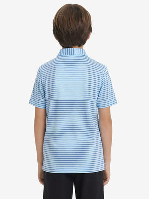 Back upper body view of youth performance golf polos, showing shape and smooth blue/cobalt stripe finish