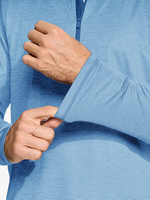 Close-up of cuff on Pinstripe Quarter Zip Pullover, showing stretch and construction – LIGHT BLUE MELANGE