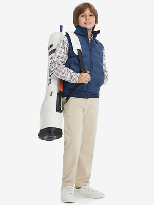 Lifestyle shots of boys full-zip fleece-lined puffer vest in dark blue