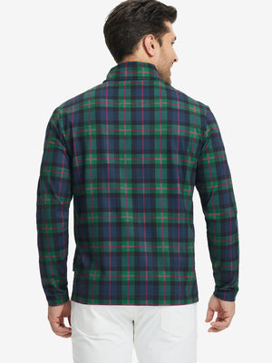 Back upper body view of full print lightweight quarter zip pullover, showing pattern and dark plaid tone
