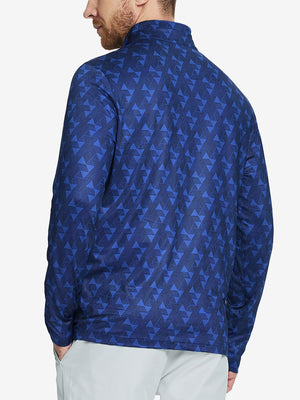 Back view of Heather Pinstripe Brushed Dry Fit Quarter Zip Pullover in marina blue geo, showing clean athletic fit