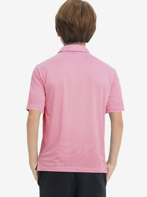 Back upper body of Kids stripe golf polos with clean lines and rose stripe tone