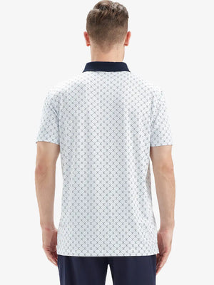 Back half-body view of model in WHITE NAV CLUE Performance Quick Dry Print Golf Polo.
