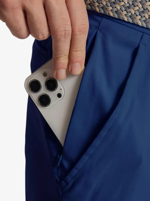 Close-up of pocket detail with iPhone – MAELREG Cobalt 7 Inch shorts
