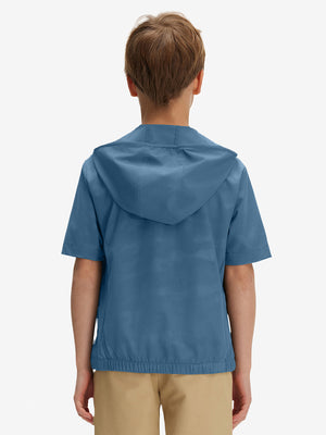 Back waist-up shot of model wearing grey blue water-resistant short sleeve q-zip hoodie for boys
