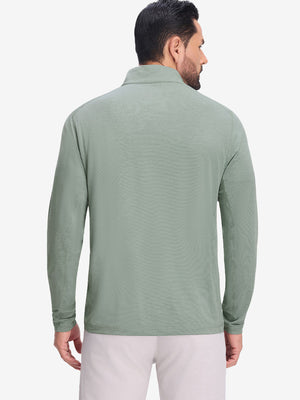 Back upper body shot of model wearing grey green featherweight midlayer quarter zip pullover