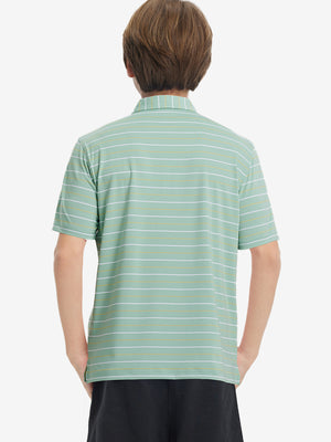 Back upper body view of kids stylish stripe polo shirts, showing pattern and light green stripe tone