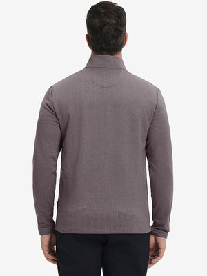 Back upper view of casual fleece lined quarter zip pullover in drak red, showing fit and seams.
