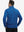 Back upper view of model wearing jacquard quarter zip pullover in cobalt, showing clean seam lines.